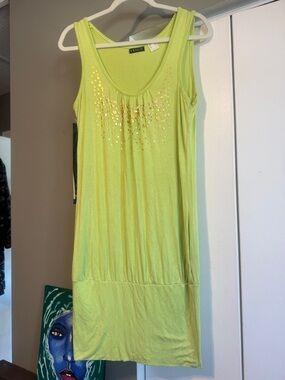 Venus Lime Green Gold Foil Blouson Banded Mini Dress Size Small